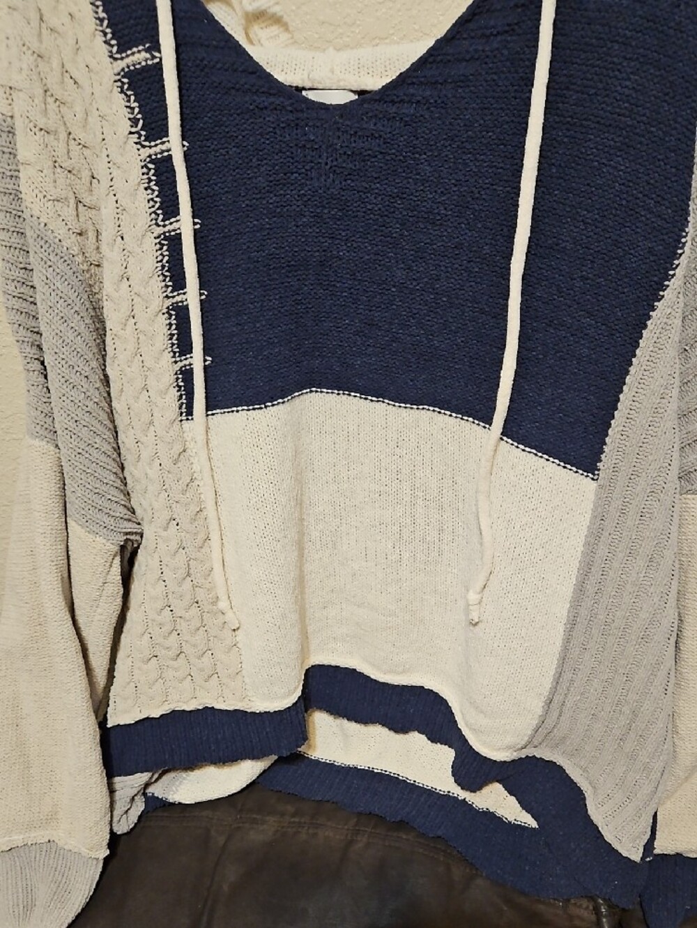BKE Cream & Navy Colorblock Cowl Pullover. Super Soft - Picture 3 of 6